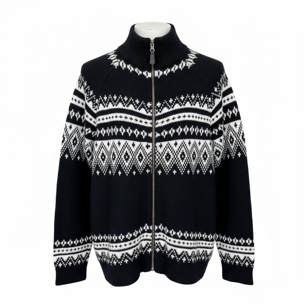 Sundance Fair Isle Full Zip Holiday Sweater - Size Large - Navy Blue White